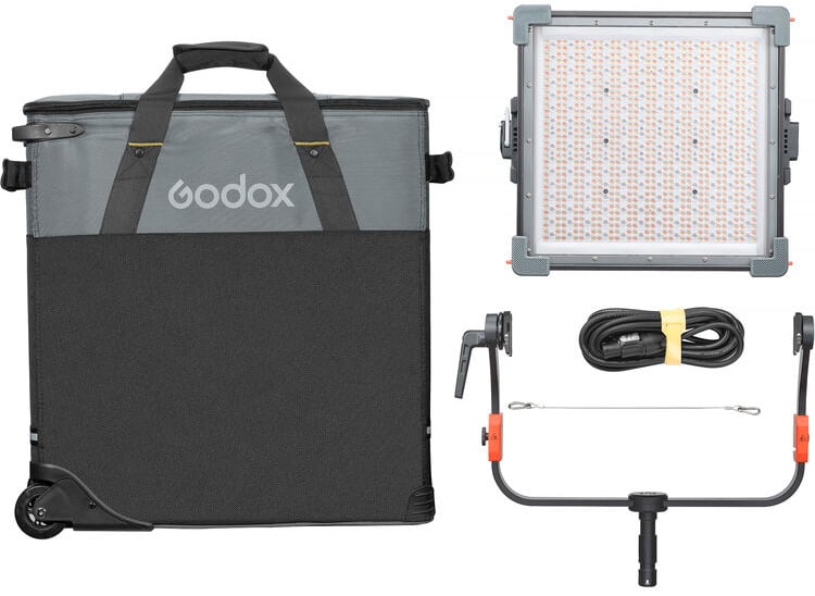 A Godox LED video light kit is shown, including a gray and black carrying case with handles, a square LED panel, a power cable, a support yoke, and an accessory rod.