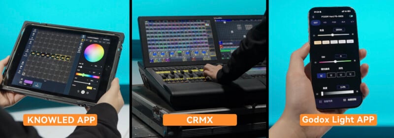 Three images show hands operating lighting control devices: a tablet using the KNOWLED app, a professional lighting console labeled CRMX, and a smartphone running the Godox Light app, all against a turquoise background.