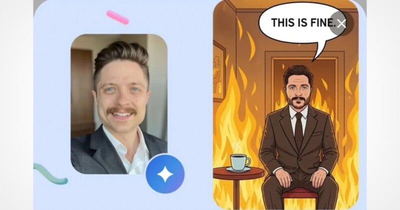 En la selfie de la izquierda, un hombre sonríe. A la derecha, una versión de dibujos animados de él con traje se sienta tranquilamente en una mesa con un fuego a su alrededor y dice "Esto es bueno.