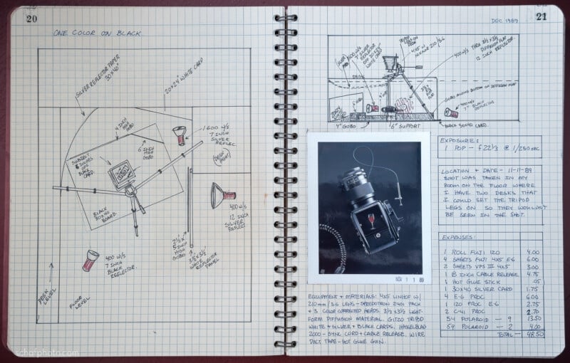 An open spiral notebook displays lighting diagrams, handwritten notes, and a photo of a vintage camera on graph paper, detailing a photography setup with technical data and exposure settings.