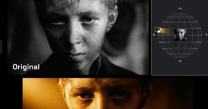 A close-up of a boy's face, wet with sweat or water, shown in black and white labeled "Original," and a tinted version below. To the right is a 3D adjustment tool displaying the image on a virtual sphere.