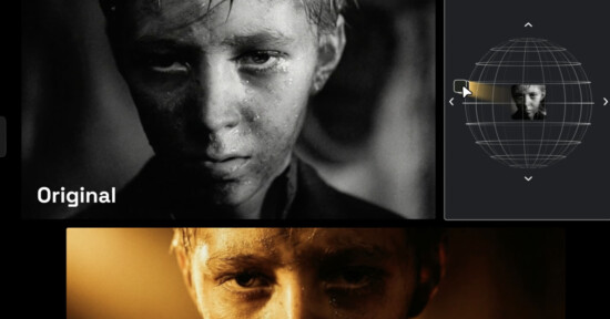 A close-up of a boy's face, wet with sweat or water, shown in black and white labeled "Original," and a tinted version below. To the right is a 3D adjustment tool displaying the image on a virtual sphere.
