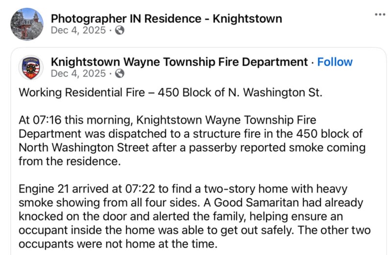 Una publicación en Facebook del Departamento de Bomberos de Knightstown Wayne Township describió un incendio residencial en N. Washington St., señalando el tiempo de respuesta, las acciones tomadas y el hecho de que no había residentes en casa en ese momento.