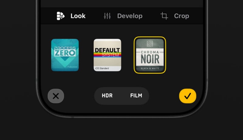 A photo editing app interface showing three filter options: "Process Zero," "Default System," and "Chroma Noir" (highlighted). Below are HDR and Film buttons, and Cancel (X) and Confirm (checkmark) icons.