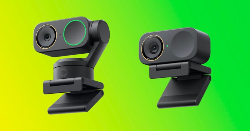 Two modern black webcams with gold trim are shown against a yellow to green gradient background. The webcam on the left has two lenses and a glowing green ring, while the one on the right has a single lens and a small green light.