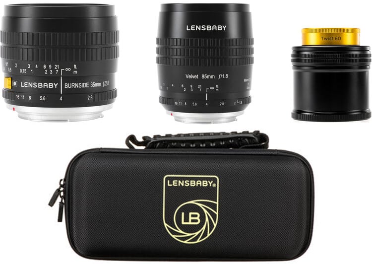Four Lensbaby photography products, including a Burnside 35mm lens, a Velvet 85mm f/1.8 lens, a Twist 60 lens with a gold accent, and a black Lensbaby-branded carrying case.