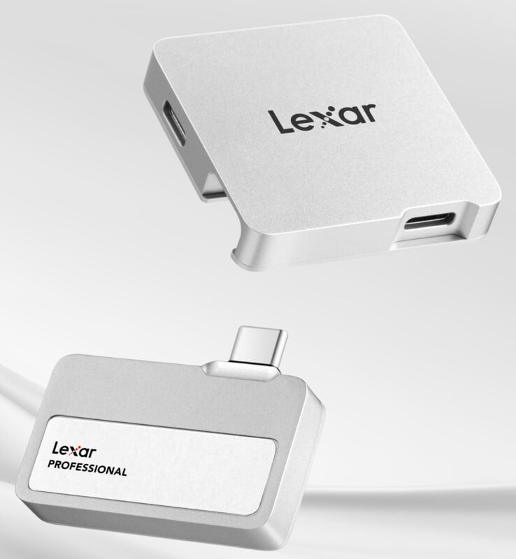 Two silver Lexar devices are displayed on a light background. The top device is square with rounded edges, featuring the Lexar logo and a visible USB-C port. The bottom device is rectangular, labeled "Lexar Professional," with a USB-C connector.