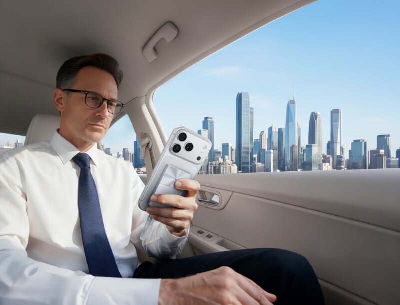 A man in business attire sits in the backseat of a car, holding a smartphone and looking at its screen, with a city skyline visible through the window behind him.