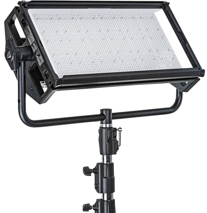 A rectangular LED studio light panel with a black frame is mounted on an adjustable metal stand against a plain background.