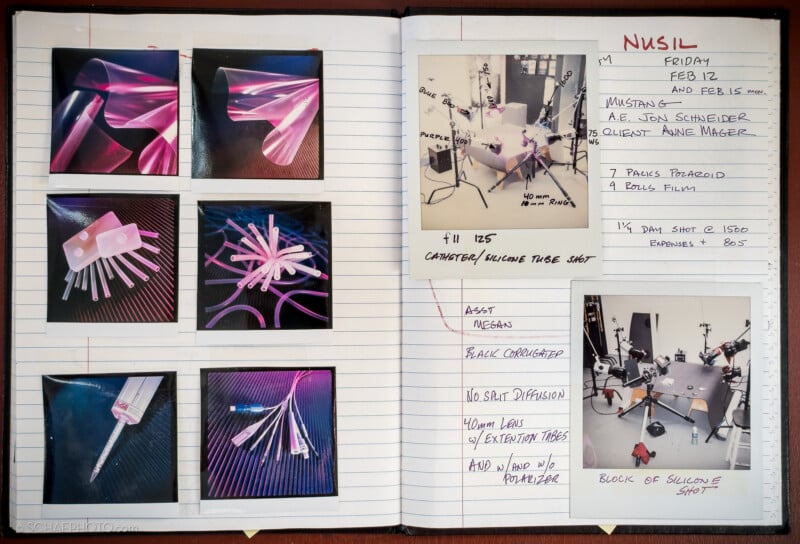 An open notebook displays photos of pink-lit objects and a studio setup, with handwritten notes about materials, lighting techniques, and camera settings related to a project called "NUSIL" dated February 12.