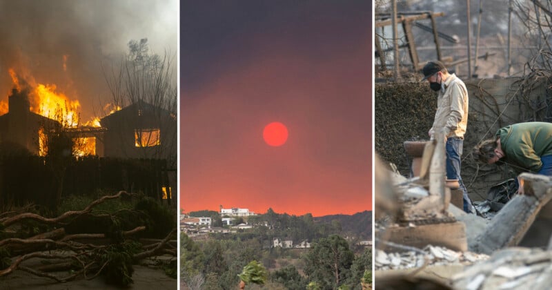  a house engulfed in flames, a red sun in a smoky sky above homes, and two people wearing masks sifting through rubble in a burned area.