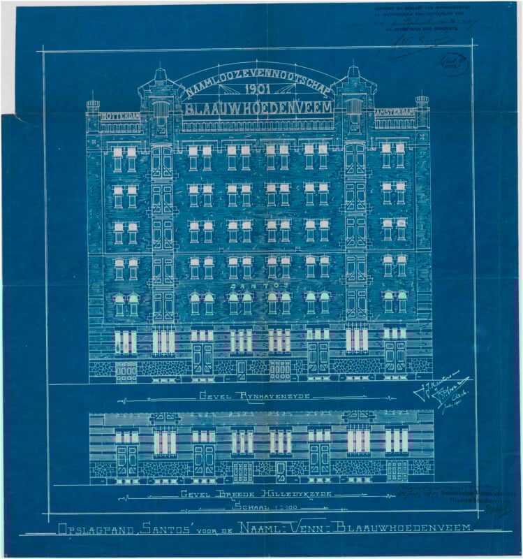 Blueprint drawing of a five-story brick building from 1901, showing the front and rear elevations. Architectural details and Dutch text, including "BLAUW HOEDEN VEEM," are visible across the top of the façade.