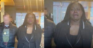 A woman wearing a black jacket stands indoors next to a person whose face is blurred. In the first image, she has a neutral expression; in the second, she appears emotional with tears on her face.