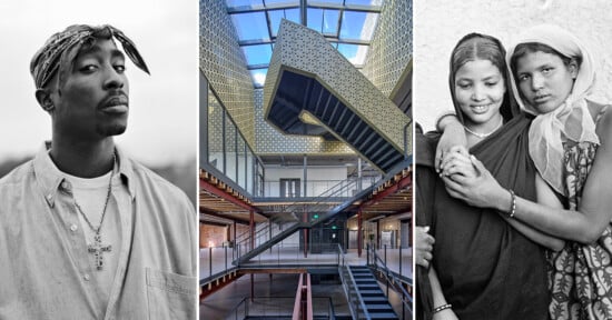 A collage with three images: a man with a bandana and a cross necklace, a modern building interior with a geometric staircase, and two women in traditional clothing smiling and standing close together.