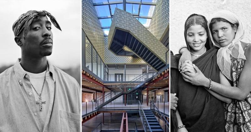 A collage with three images: a man with a bandana and a cross necklace, a modern building interior with a geometric staircase, and two women in traditional clothing smiling and standing close together.