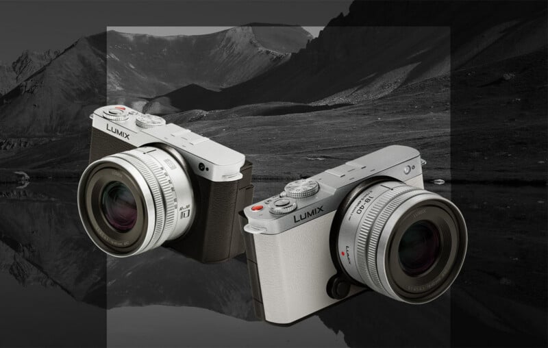 Dos cámaras Panasonic Lumix plateadas de lente grande se muestran sobre un fondo de paisaje montañoso monocromático, con la cámara en color y el paisaje en blanco y negro.