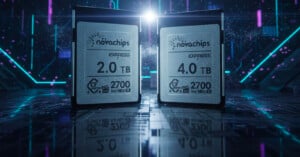Two Novachips Express memory cards labeled 2.0 TB and 4.0 TB stand side by side in a futuristic, digitally lit environment with blue and purple lights and circuit-like patterns in the background.