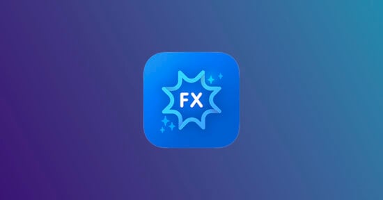 A blue app icon with a white "FX" in the center, surrounded by a starburst shape and small sparkles, set against a blue to purple gradient background.