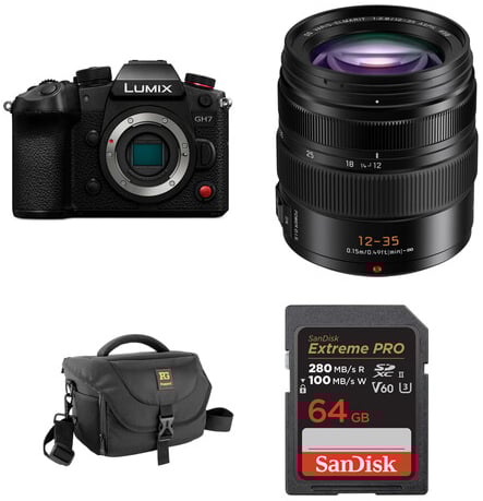 A Panasonic Lumix GH7 camera, a 12-35mm lens, a black camera bag, and a 64GB SanDisk Extreme Pro SD card are shown against a white background.