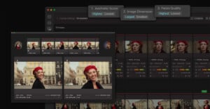 A computer screen displays photo selection software with multiple portraits of a smiling person in a red beret. Various images are sorted and previewed, and filter options are visible at the top.