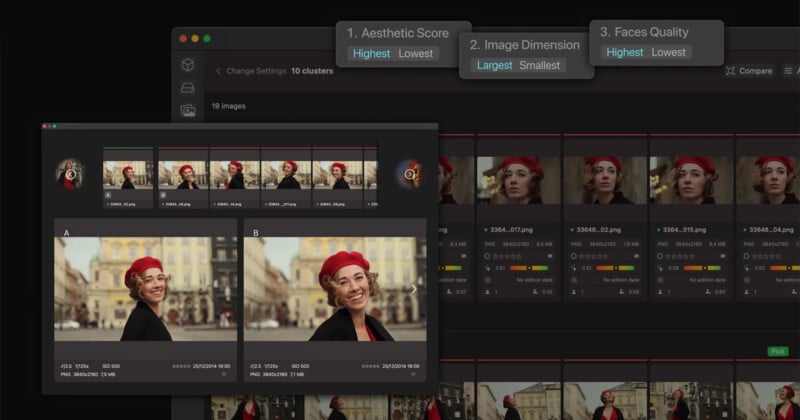 A computer screen displays photo selection software with multiple portraits of a smiling person in a red beret. Various images are sorted and previewed, and filter options are visible at the top.