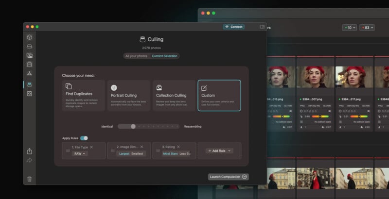 A computer screen shows photo culling software with options like Find Duplicates, Portrait Culling, Collection Culling, and Custom. Photo thumbnails and settings for sorting and rating images are visible in the workspace.