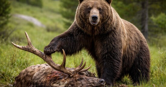 A large brown bear stands over a fallen elk, resting one paw on the elk’s antlers. The scene takes place in a grassy, wooded area, suggesting a natural wildlife setting.