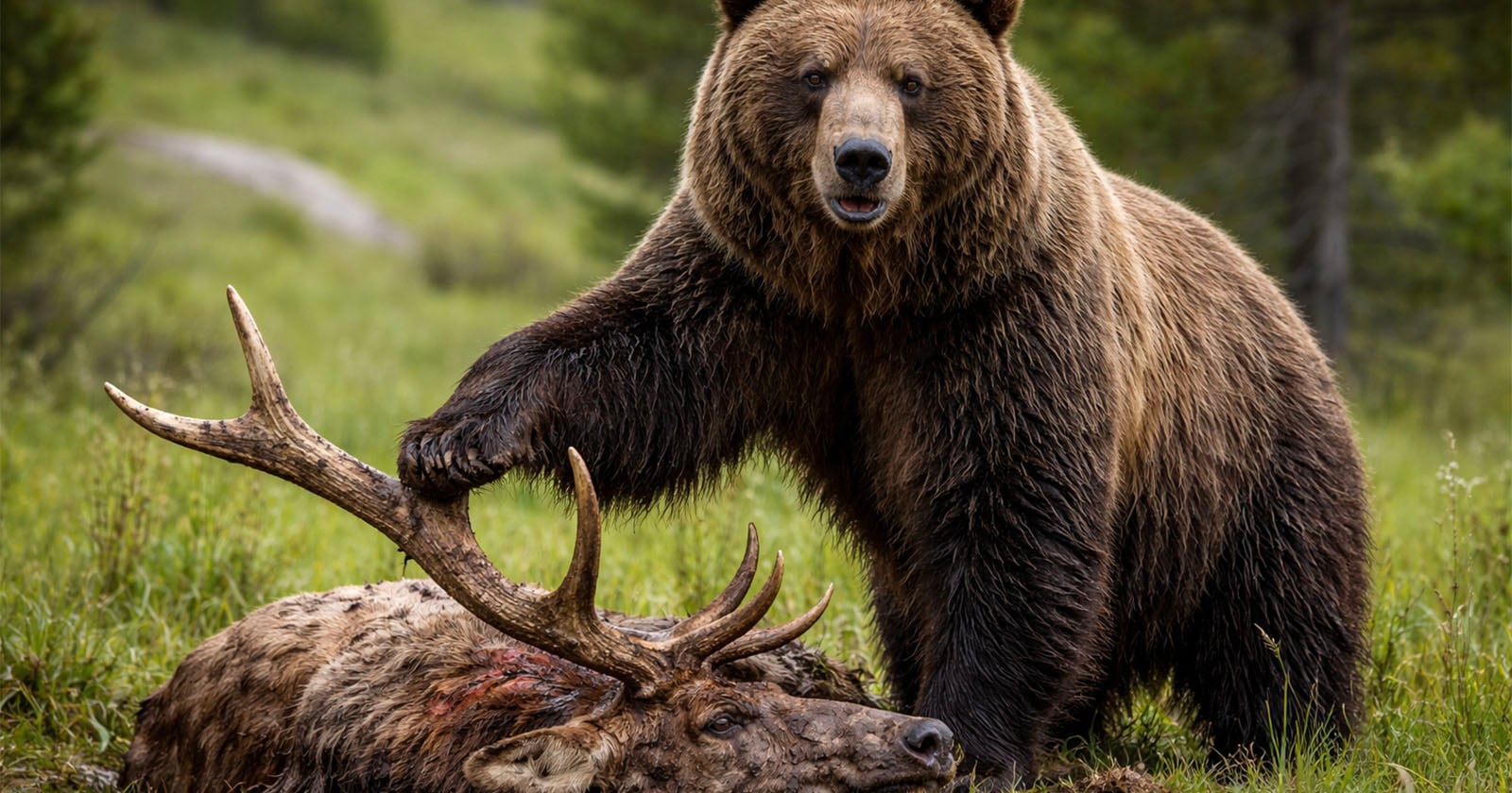 A large brown bear stands over a fallen elk, resting one paw on the elk’s antlers. The scene takes place in a grassy, wooded area, suggesting a natural wildlife setting.