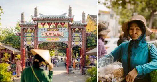A vibrant temple gate with Chinese characters welcomes visitors; on the right, a woman in a blue jacket and hat sells goods outdoors, with trees and people in the background.