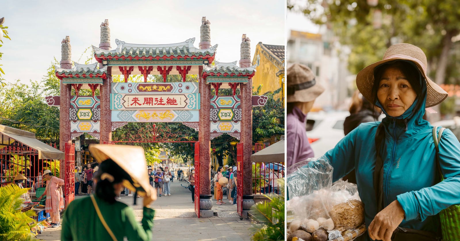 A vibrant temple gate with Chinese characters welcomes visitors; on the right, a woman in a blue jacket and hat sells goods outdoors, with trees and people in the background.