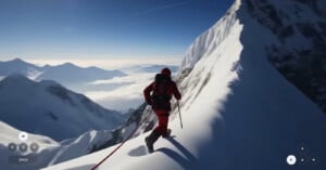 A climber in red gear traverses a narrow, snowy mountain ridge, surrounded by tall peaks and a sea of clouds below under a clear blue sky.