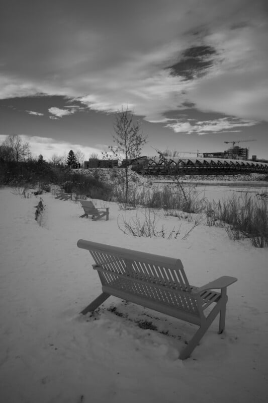 A wooden bench faces a snowy field under a cloudy sky, with distant buildings and a row of trees in the background. Another bench is visible further away amidst sparse vegetation.