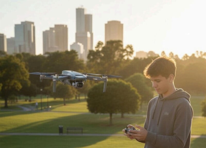 A young person operates a remote-controlled drone in a green park at sunset, with a city skyline visible in the background.