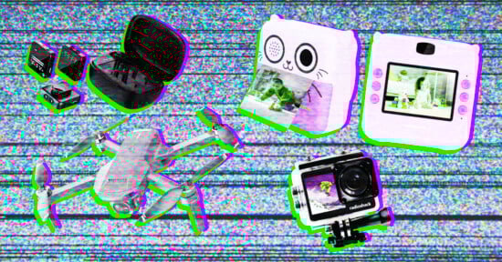 A collage of gadgets on a static TV background: a battery charger with batteries and case, a toy camera printing a photo, a drone, a child's camera, and an action camera, all outlined in green and pink.