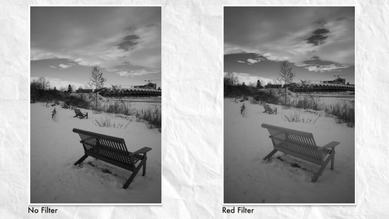 Two black-and-white photos of a snowy park with benches and trees; the left image has no filter, while the right image uses a red filter, making the sky and clouds appear darker and more dramatic.