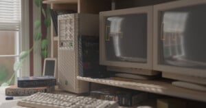 A vintage computer setup with a beige tower, two CRT monitors, a keyboard, and classic video game boxes like StarCraft and Half-Life, sitting on a wooden desk near a window with sunlight streaming in.