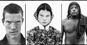 A black-and-white triptych photo featuring a freckled man with short hair, a young woman in a floral dress and bonnet, and a shirtless man with wet hair and a draped shirt, all against white backgrounds.