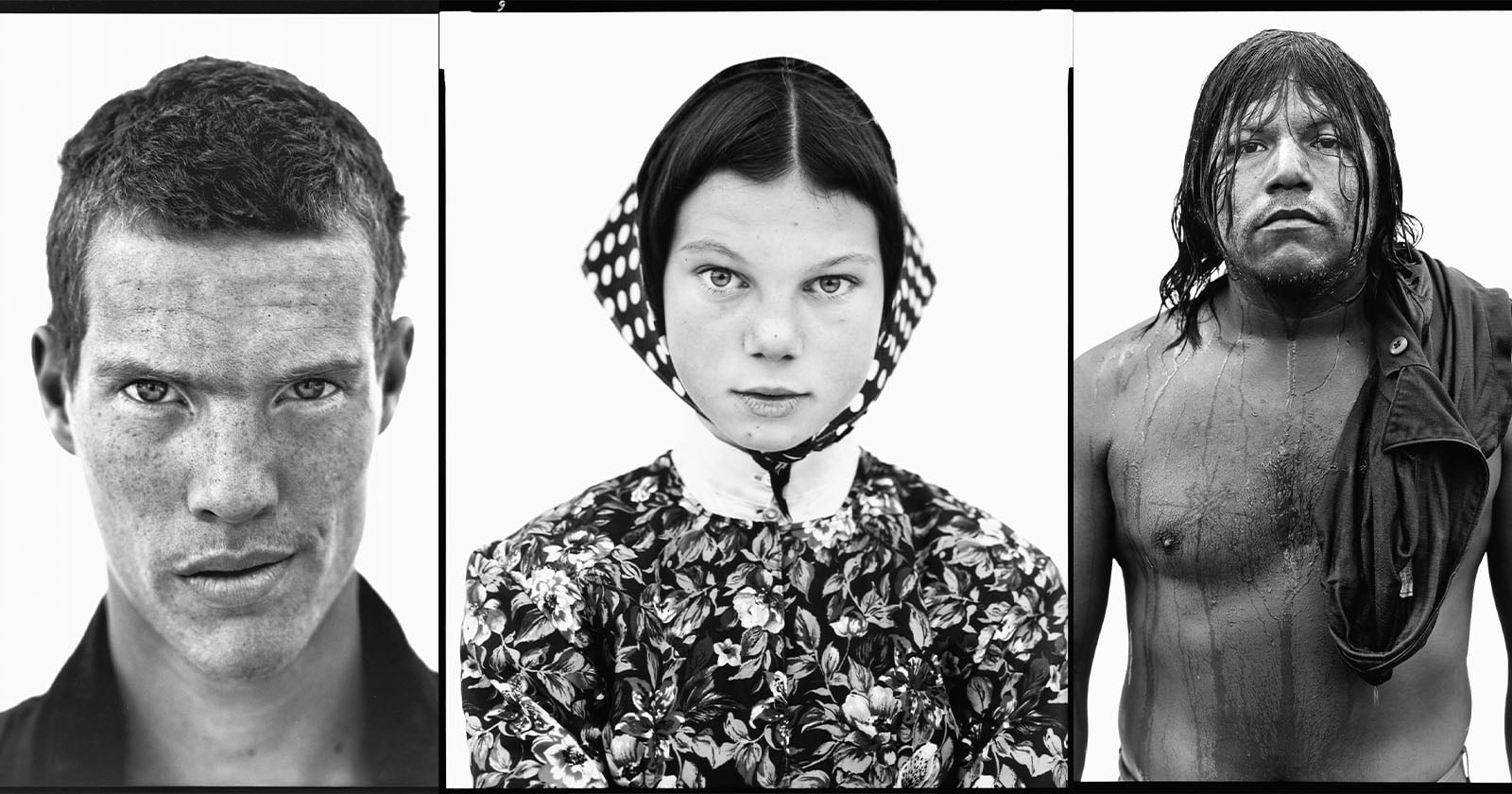 A black-and-white triptych photo featuring a freckled man with short hair, a young woman in a floral dress and bonnet, and a shirtless man with wet hair and a draped shirt, all against white backgrounds.