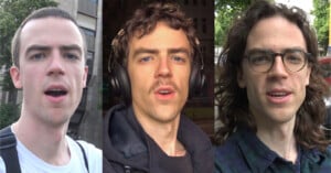 A split image showing the same young man in three stages: with short hair, with short hair and a mustache wearing headphones, and with long hair and glasses, all outdoors.