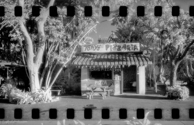 Black and white photo of a small, rustic pizza stand called "Tony's Pizzaria," surrounded by lush trees and plants, with a picnic table in front. The image has visible film sprocket holes along the edges.