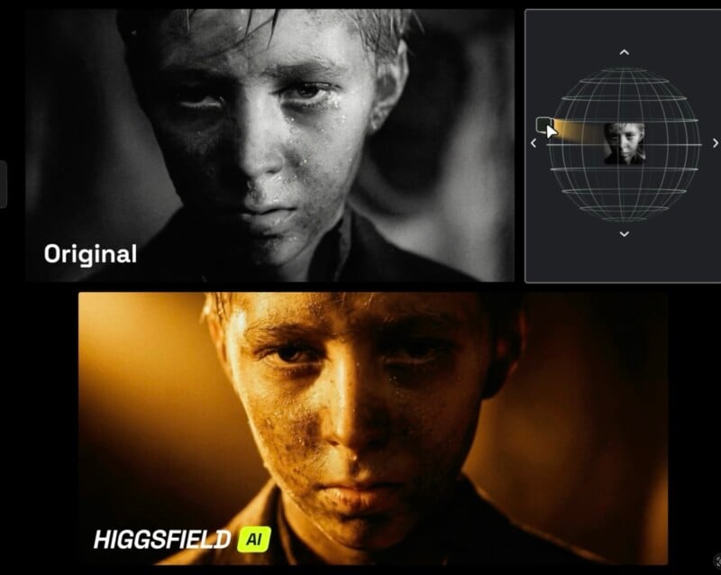 La imagen rota muestra un retrato en blanco y negro de un niño sucio en la parte superior, etiquetado "original," y una versión colorida y en tonos cálidos del mismo retrato etiquetado a continuación "Inteligencia artificial de Higgsfield.