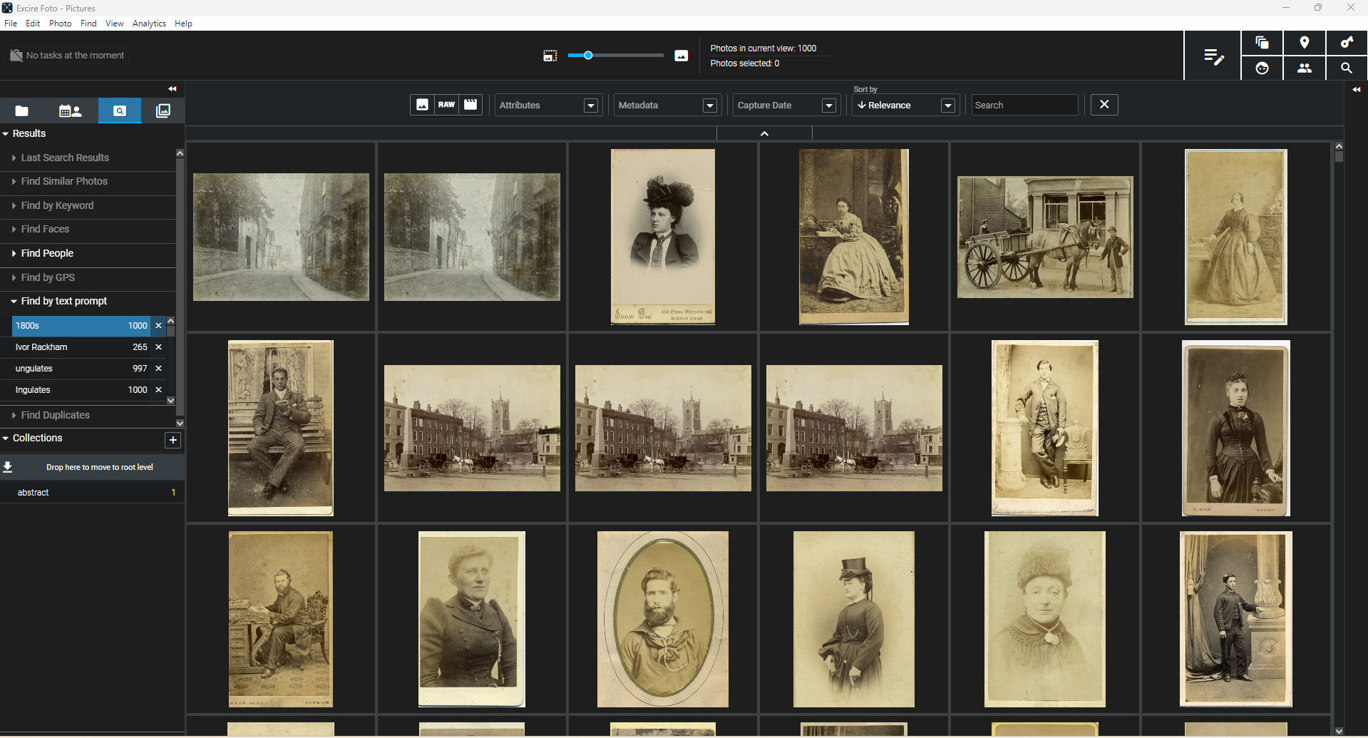 A computer screen displays photo management software showing a grid of old sepia-toned portraits and street scenes. The side panel on the left lists search options, and the top bar has navigation and view controls.