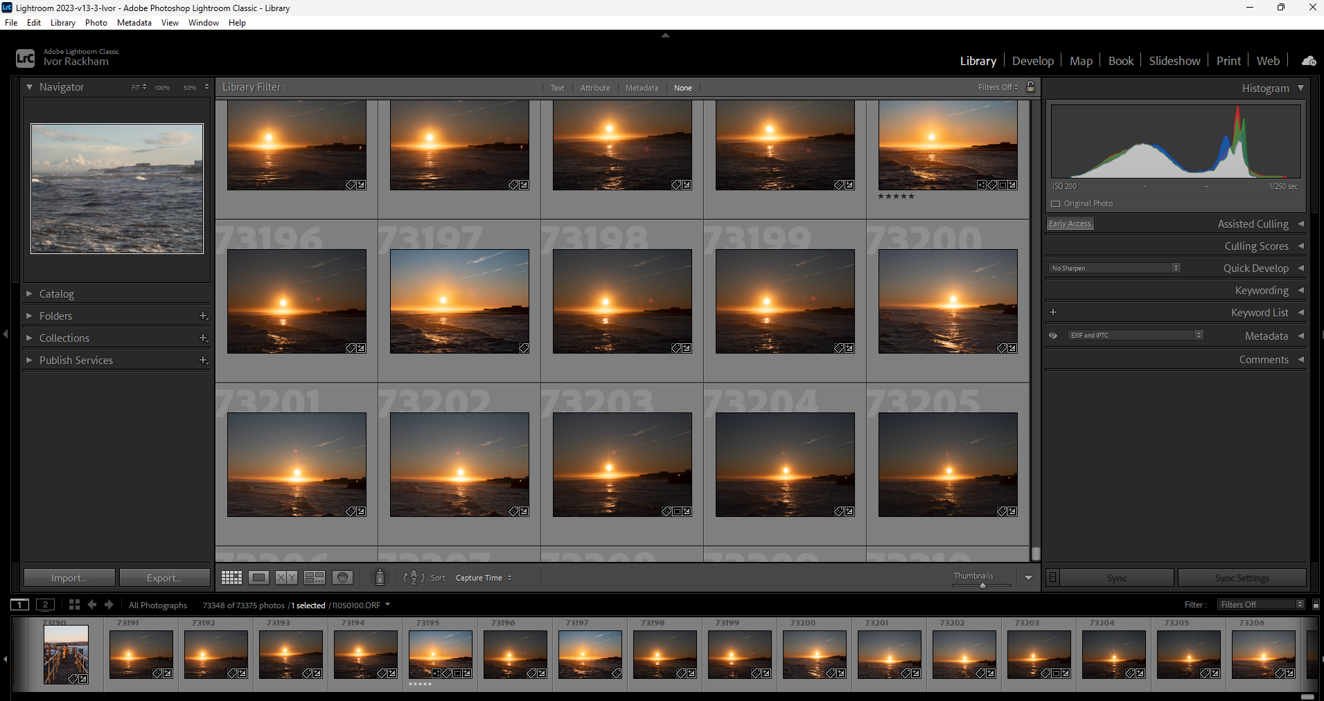 A screenshot of Adobe Lightroom shows a photo library with multiple sunset beach images arranged in a grid. Editing tools and histogram are visible on the right, with image thumbnails displayed at the bottom.