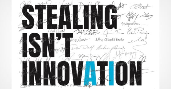 Large black text reads “STEALING ISN’T INNOVATION” with the "A" and "I" in “INNOVATION” highlighted in blue. The background is filled with various black handwritten signatures.