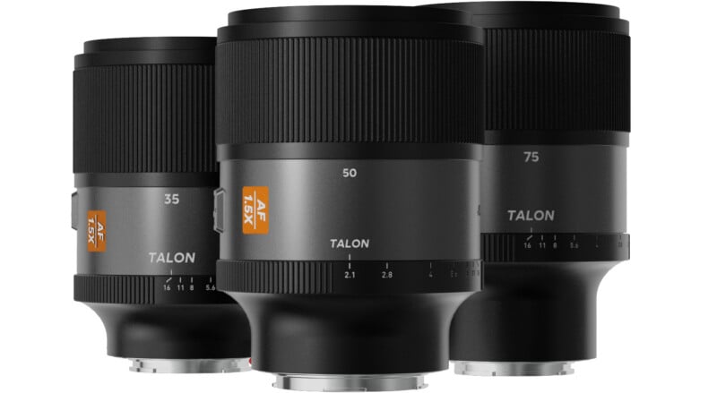 Three professional camera lenses labeled 35mm, 50mm, and 75mm are displayed side by side. The lenses are black with silver details and feature aperture markings and “AF 1.8X” and “TALON” labels.