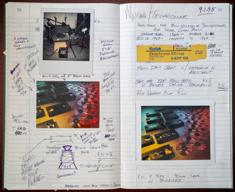Open notebook showing handwritten notes, diagrams, and Polaroid photos about a photography setup. The page includes sketches, technical details, and images of a studio scene, colored gels, and camera equipment.