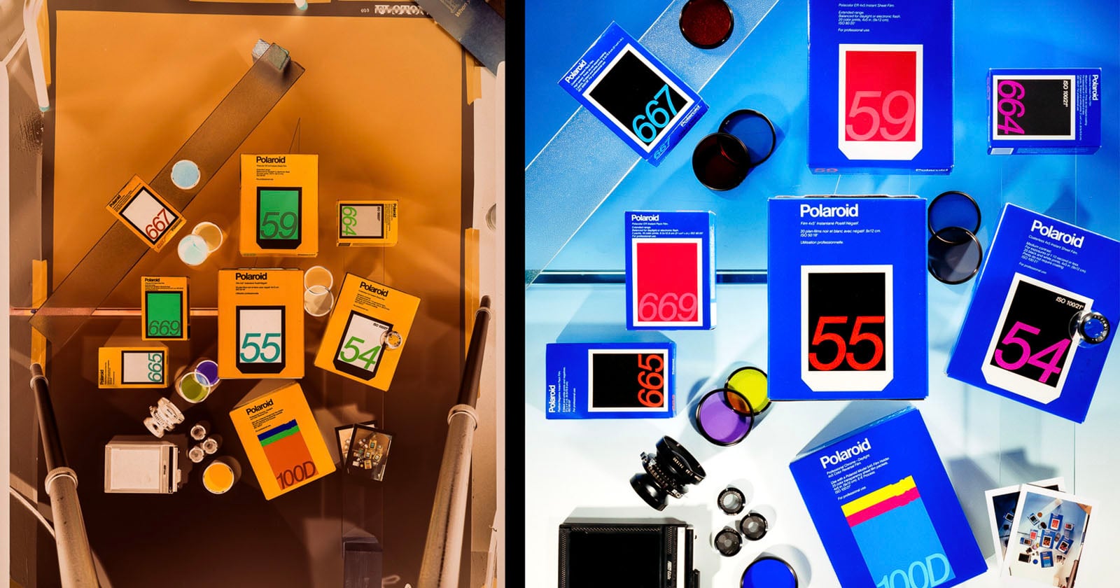 Two overhead views of assorted vintage Polaroid film boxes, some in bright colors and bold numbers, alongside photography accessories like filters and lenses, arranged on orange (left) and blue (right) backgrounds.