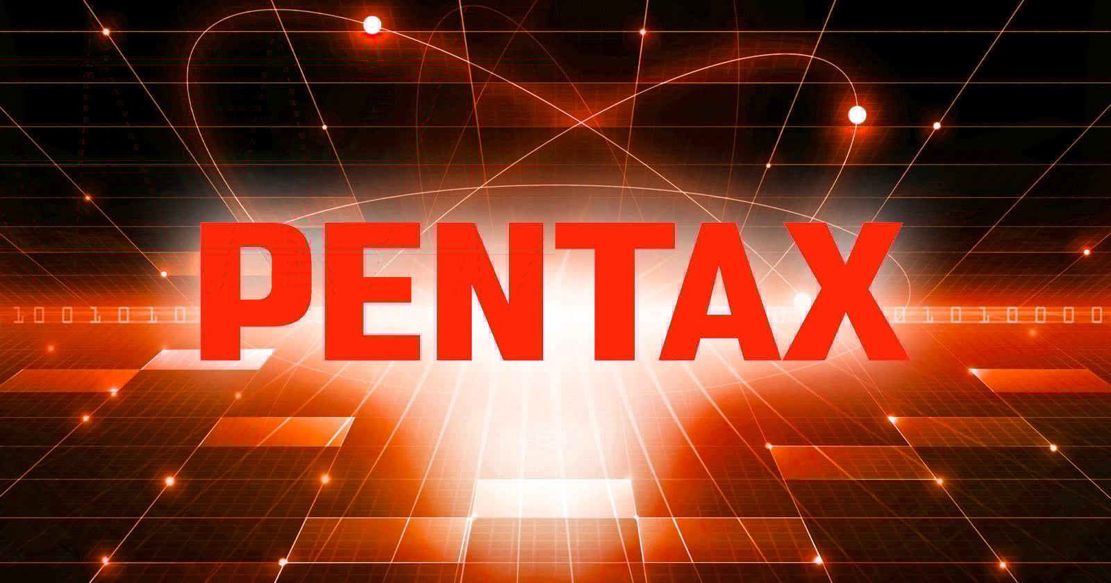 The word "PENTAX" in bold red letters is centered against a dynamic, glowing digital background with orange and white lines, grids, and light streaks, suggesting technology and innovation.