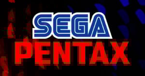 The image features the SEGA logo in blue and white above the word "PENTAX" in bold red letters on a dark, abstract background with red and blue light patterns.