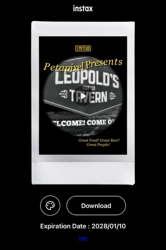 A Polaroid-style image with the text "Petapixel Presents" over a blurred sign reading "Leopold's Tavern." Below, it says "Great Food! Great Beer! Great People!" Expiration Date: 2028/01/10. Download and link buttons below.